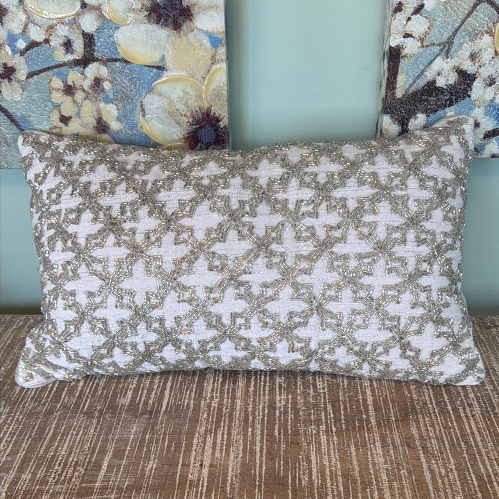 Artistic Accents Elegant White and Silver Decorative Pillow. 19”x 13”.